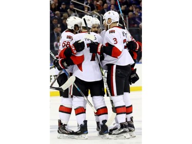 NEW YORK, NY - MAY 09:  Mike Hoffman #68 of the Ottawa Senators celebrates with his teammates after scoring a goal against Henrik Lundqvist #30 of the New York Rangers during the first period in Game Six of the Eastern Conference Second Round during the 2017 NHL Stanley Cup Playoffs at Madison Square Garden on May 9, 2017 in New York City.