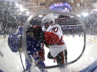 NEW YORK, NY - MAY 09:  Tom Pyatt #10 of the Ottawa Senators checks Brendan Smith #42 of the New York Rangers during the third period in Game Six of the Eastern Conference Second Round during the 2017 NHL Stanley Cup Playoffs at Madison Square Garden on May 9, 2017 in New York City.