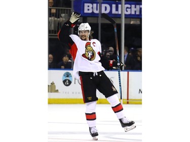 NEW YORK, NY - MAY 09:  Erik Karlsson #65 of the Ottawa Senators celebrates an empty net goal scored by Jean-Gabriel Pageau #44 against the New York Rangers during the third period in Game Six of the Eastern Conference Second Round during the 2017 NHL Stanley Cup Playoffs at Madison Square Garden on May 9, 2017 in New York City.