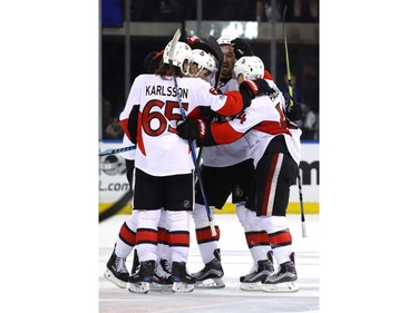 NEW YORK, NY - MAY 09:  Jean-Gabriel Pageau #44 of the Ottawa Senators celebrates with his teammates after scoring an empty net goal against the New York Rangers during the third period in Game Six of the Eastern Conference Second Round during the 2017 NHL Stanley Cup Playoffs at Madison Square Garden on May 9, 2017 in New York City.