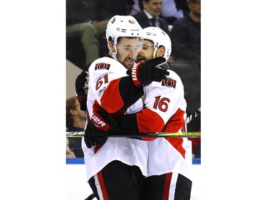 NEW YORK, NY - MAY 09:  Mark Stone #61 of the Ottawa Senators celebrates with teammate Clarke MacArthur #16 after scoring a goal against Henrik Lundqvist #30 of the New York Rangers during the first period in Game Six of the Eastern Conference Second Round during the 2017 NHL Stanley Cup Playoffs at Madison Square Garden on May 9, 2017 in New York City.