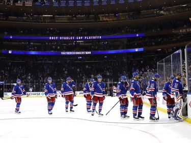 NEW YORK, NY - MAY 09:  The New York Rangers skate off the ice after losing to Ottawa Senators with a score of 4 to 2 in Game Six of the Eastern Conference Second Round during the 2017 NHL Stanley Cup Playoffs at Madison Square Garden on May 9, 2017 in New York City.