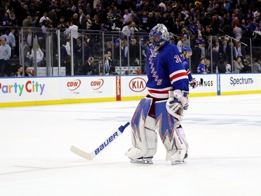 NEW YORK, NY - MAY 09:  Henrik Lundqvist #30 of the New York Rangers reacts after Jean-Gabriel Pageau #44 of the Ottawa Senators scored an open net goal during the third period in Game Six of the Eastern Conference Second Round during the 2017 NHL Stanley Cup Playoffs at Madison Square Garden on May 9, 2017 in New York City.