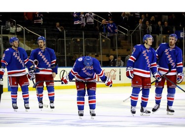 NEW YORK, NY - MAY 09:  Dan Girardi #5 of the New York Rangers reacts with his teammates after losing Game Six of the Eastern Conference Second Round against the Ottawa Senators during the 2017 NHL Stanley Cup Playoffs at Madison Square Garden on May 9, 2017 in New York City.