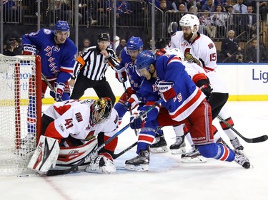 NEW YORK, NY - MAY 09:  Craig Anderson #41 of the Ottawa Senators makes a save against Jesper Fast #19 of the New York Rangers during the second period in Game Six of the Eastern Conference Second Round during the 2017 NHL Stanley Cup Playoffs at Madison Square Garden on May 9, 2017 in New York City.