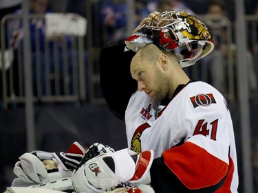 Craig Anderson #41 of the Ottawa Senators looks on during the second period against the New York Rangers in Game Six of the Eastern Conference Second Round during the 2017 NHL Stanley Cup Playoffs at Madison Square Garden on May 9, 2017 in New York City.