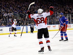 NEW YORK, NY - MAY 09:  Mike Hoffman #68 of the Ottawa Senators celebrates after scoring a goal against Henrik Lundqvist #30 of the New York Rangers during the first period in Game Six of the Eastern Conference Second Round during the 2017 NHL Stanley Cup Playoffs at Madison Square Garden on May 9, 2017 in New York City.