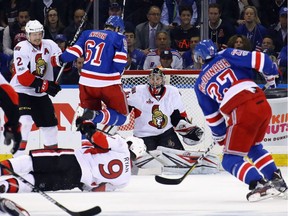 Bobby Ryan drops to the ice to block a shot by Ryan McDonagh in Game 6. It was one of 20 blocked shots for the Senators in the game.