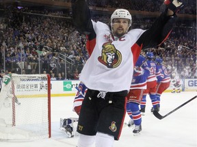 Ottawa Senators captain Erik Karlsson celebrates his goal against the New York Rangers in Game 6. The defenceman is tied for sixth in playoff scoring with two goals and 11 assists.