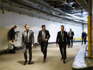 NEW YORK, NY - MAY 09: (L-R) Chris Wideman #6, Tommy Wingels #57 and Jean-Gabriel Pageau #44 of the Ottawa Senators arrive to play against the New York Rangers in Game Six of the Eastern Conference Second Round during the 2017 NHL Stanley Cup Playoffs at Madison Square Garden on May 9, 2017 in New York City.