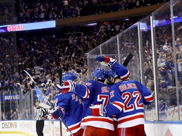 NEW YORK, NY - MAY 09:  Mika Zibanejad #93 of the New York Rangers celebrates with his teammates after scoring a goal against Craig Anderson #41 of the Ottawa Senators during the second period in Game Six of the Eastern Conference Second Round during the 2017 NHL Stanley Cup Playoffs at Madison Square Garden on May 9, 2017 in New York City.