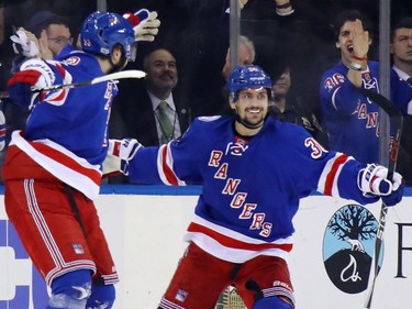 NEW YORK, NY - MAY 02:  Mats Zuccarello #36 of the New York Rangers celebrates his first period goal against the Ottawa Senators and is joined by Mika Zibanejad #93 (L) in Game Three of the Eastern Conference Second Round during the 2017 NHL Stanley Cup Playoffs at Madison Square Garden on May 2, 2017 in New York City.
