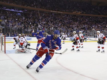 NEW YORK, NY - MAY 02:  Rick Nash #61 of the New York Rangers celebrates his goal against the Ottawa Senators at 12:21 of the second period in Game Three of the Eastern Conference Second Round during the 2017 NHL Stanley Cup Playoffs at Madison Square Garden on May 2, 2017 in New York City.