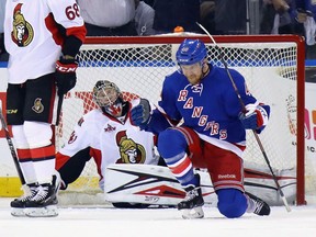 Michael Grabner of the New York Rangers celebrates his first period goal against Craig Anderson of the Ottawa Senators in Game Three on May 2, 2017 in New York City.