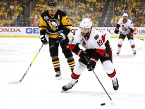 Derick Brassard #19 of the Ottawa Senators skates with the puck against Evgeni Malkin #71 of the Pittsburgh Penguins in Game Five of the Eastern Conference Final during the 2017 NHL Stanley Cup Playoffs at PPG PAINTS Arena on May 21, 2017 in Pittsburgh, Pennsylvania.