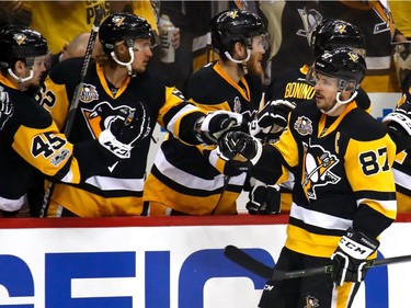 PITTSBURGH, PA - MAY 21:  Sidney Crosby #87 of the Pittsburgh Penguins celebrates with his teammates after scoring a goal against Craig Anderson #41 of the Ottawa Senators during the first period in Game Five of the Eastern Conference Final during the 2017 NHL Stanley Cup Playoffs at PPG PAINTS Arena on May 21, 2017 in Pittsburgh, Pennsylvania.