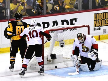 Phil Kessel of the Pittsburgh Penguins scores a goal against Mike Condon #1 of the Ottawa Senators during the third period in Game Five of the Eastern Conference Final during the 2017 NHL Stanley Cup Playoffs at PPG PAINTS Arena on May 21, 2017 in Pittsburgh, Pennsylvania.