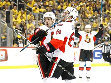 Jean-Gabriel Pageau of the Ottawa Senators celebrates his goal with teammate Mark Stone.