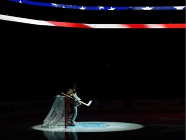 Pittsburgh goalie Marc-André Fleury stands in goal during the national anthem prior to Game 1.