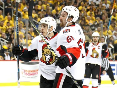 Jean-Gabriel Pageau of the Ottawa Senators celebrates his goal with teammate Mark Stone.