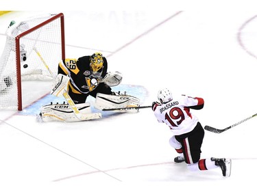 Derick Brassard of the Ottawa Senators takes a shot on Marc-André Fleury of the Pittsburgh Penguins during the third period.