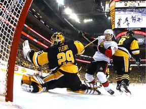 Marc-Andre Fleury #29 of the Pittsburgh Penguins makes a glove save against the Ottawa Senators during the second period in Game One of the Eastern Conference Final during the 2017 NHL Stanley Cup Playoffs at PPG PAINTS Arena on May 13, 2017 in Pittsburgh, Pennsylvania.