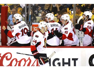 Jean-Gabriel Pageau is congratulated after scoring the first goal of the series.