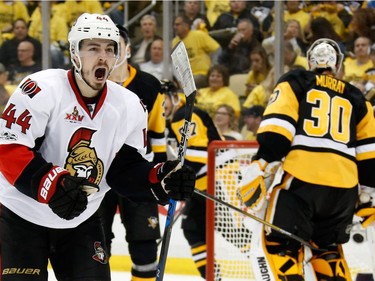 Jean-Gabriel Pageau #44 of the Ottawa Senators celebrates after teammate Mark Stone #61 scored a goal against Matt Murray #30 of the Pittsburgh Penguins during the second period in Game Seven of the Eastern Conference Final during the 2017 NHL Stanley Cup Playoffs at PPG PAINTS Arena on May 25, 2017 in Pittsburgh, Pennsylvania.
