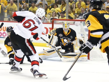 Mark Stone #61 of the Ottawa Senators scores a goal against Matt Murray #30 of the Pittsburgh Penguins during the second period in Game Seven of the Eastern Conference Final during the 2017 NHL Stanley Cup Playoffs at PPG PAINTS Arena on May 25, 2017 in Pittsburgh, Pennsylvania.