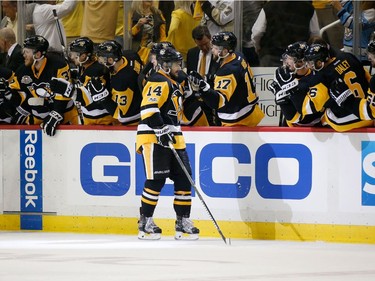 Chris Kunitz #14 of the Pittsburgh Penguins celebrates with his teammates after scoring a goal against Craig Anderson #41 of the Ottawa Senators during the second period in Game Seven of the Eastern Conference Final during the 2017 NHL Stanley Cup Playoffs at PPG PAINTS Arena on May 25, 2017 in Pittsburgh, Pennsylvania.