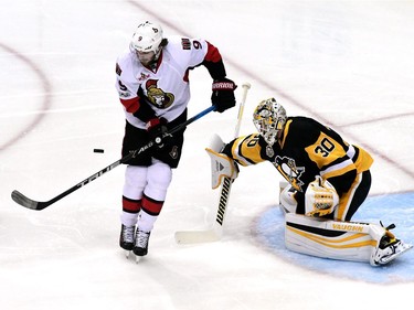 Matt Murray #30 of the Pittsburgh Penguins tends goal against Bobby Ryan #9 of the Ottawa Senators during the first period in Game Seven of the Eastern Conference Final during the 2017 NHL Stanley Cup Playoffs at PPG PAINTS Arena on May 25, 2017 in Pittsburgh, Pennsylvania.
