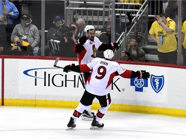 PITTSBURGH, PA - MAY 25:  Mark Stone #61 of the Ottawa Senators celebrates with Bobby Ryan #9 after scoring a goal against Matt Murray #30 of the Pittsburgh Penguins during the second period in Game Seven of the Eastern Conference Final during the 2017 NHL Stanley Cup Playoffs at PPG PAINTS Arena on May 25, 2017 in Pittsburgh, Pennsylvania.