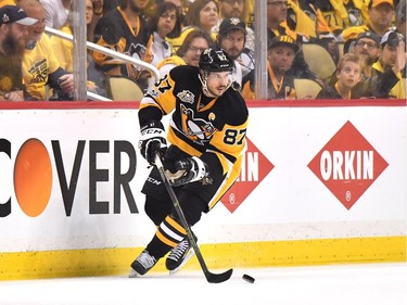 Sidney Crosby #87 of the Pittsburgh Penguins skates with the puck against the Ottawa Senators during the first period in Game Seven of the Eastern Conference Final during the 2017 NHL Stanley Cup Playoffs at PPG PAINTS Arena on May 25, 2017 in Pittsburgh, Pennsylvania.