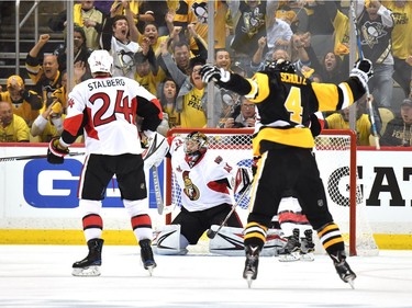 PITTSBURGH, PA - MAY 25:  Justin Schultz #4 of the Pittsburgh Penguins celebrates after Chris Kunitz #14 scored the game winning goal agianst Craig Anderson #41 of the Ottawa Senators in the second overtime with a score of 3 to 2 in Game Seven of the Eastern Conference Final during the 2017 NHL Stanley Cup Playoffs at PPG PAINTS Arena on May 25, 2017 in Pittsburgh, Pennsylvania.