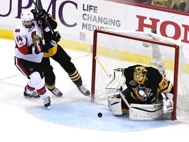 Marc-Andre Fleury #29 of the Pittsburgh Penguins makes a save against the Ottawa Senators during the first period in Game Two of the Eastern Conference Final during the 2017 NHL Stanley Cup Playoffs at PPG PAINTS Arena on May 15, 2017 in Pittsburgh, Pennsylvania.