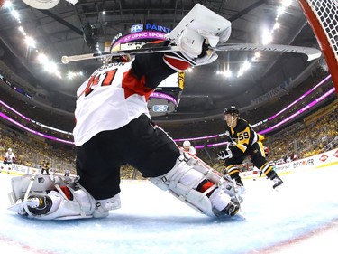 Craig Anderson #41 of the Ottawa Senators tends goal against the Pittsburgh Penguins during the first period in Game Two of the Eastern Conference Final during the 2017 NHL Stanley Cup Playoffs at PPG PAINTS Arena on May 15, 2017 in Pittsburgh, Pennsylvania.