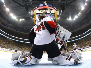 Craig Anderson #41 of the Ottawa Senators tends goal against the Pittsburgh Penguins during the first period in Game Two of the Eastern Conference Final during the 2017 NHL Stanley Cup Playoffs at PPG PAINTS Arena on May 15, 2017 in Pittsburgh, Pennsylvania.