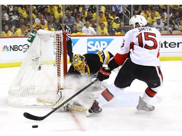 Marc-Andre Fleury #29 of the Pittsburgh Penguins makes a save against Zack Smith #15 of the Ottawa Senators during the first period in Game Two of the Eastern Conference Final during the 2017 NHL Stanley Cup Playoffs at PPG PAINTS Arena on May 15, 2017 in Pittsburgh, Pennsylvania.