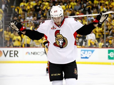 Mike Hoffman #68 of the Ottawa Senators skates off the ice after being defeated by the Pittsburgh Penguins in Game Two of the Eastern Conference Final during the 2017 NHL Stanley Cup Playoffs at PPG PAINTS Arena on May 15, 2017 in Pittsburgh, Pennsylvania. The Pittsburgh Penguins defeated the Ottawa Senators with a score of 1 to 0.