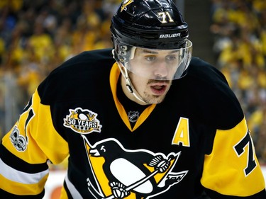 Evgeni Malkin #71 of the Pittsburgh Penguins looks on against the Ottawa Senators during the first period in Game Two of the Eastern Conference Final during the 2017 NHL Stanley Cup Playoffs at PPG PAINTS Arena on May 15, 2017 in Pittsburgh, Pennsylvania.