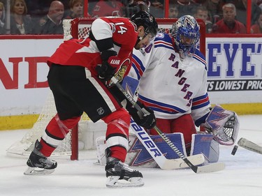 The Ottawa Senators' Alex Burrows tries to score on New York Rangers goalie Henrik Lundqvist during first-period action at the Canadian Tire Centre on Saturday, May 6, 2017.
