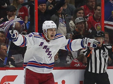 The New York Rangers' Jasper Fast celebrates a first-period goal against the Ottawa Senators.