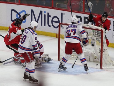 The Ottawa Senators' Kyle Turris scores the overtime winning goal against the New York Rangers at the Canadian Tire Centre on Saturday, May 6, 2017.