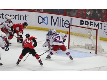 The Ottawa Senators' Kyle Turris scores the overtime winning goal against the New York Rangers at the Canadian Tire Centre on Saturday, May 6, 2017.