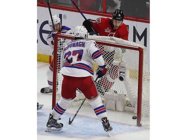 The Ottawa Senators' Kyle Turris scores the overtime winning goal against the New York Rangers at the Canadian Tire Centre on Saturday, May 6, 2017.