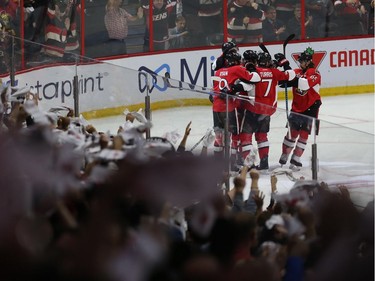 The Ottawa Senators taking on the Pittsburgh Penguins during game six of the eastern conference finals at the Canadian Tire Centre in Ottawa Tuesday May 23, 2017. Ottawa Senators Bobby Ryan celebrates after scoring on Penguins goalie Matthew Murray during second period action Tuesday night in Ottawa. Tony Caldwell