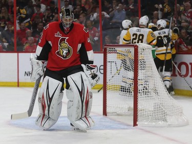 The Ottawa Senators taking on the Pittsburgh Penguins during game six of the eastern conference finals at the Canadian Tire Centre in Ottawa Tuesday May 23, 2017. Ottawa Senators goalie Craig Anderson reacts after Evgeni Malkin from the Penguins scores during second period action Tuesday night in Ottawa. Tony Caldwell