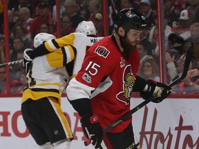 Ottawa Senators Zack Smith reacts after Evgeni Malkin from the Penguins scores during second period action Tuesday night in Ottawa.