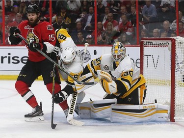 The Ottawa Senators taking on the Pittsburgh Penguins during game six of the eastern conference finals at the Canadian Tire Centre in Ottawa Tuesday May 23, 2017. Ottawa Senators Zack Smith tries to tip the puck past  Penguins goalie Matthew Murray Tuesday night in Ottawa. The Senators defeated the Penguins 2-1. Tony Caldwell