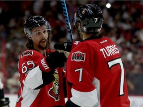 Ottawa Senators celebrate their victory against the Penguins Tuesday night in Ottawa. The Senators defeated the Penguins 2-1.